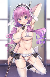 Rule 34 | 1girl, bikini, blowgun, blue eyes, blurry, blurry background, blush, breasts, cleavage, commentary request, covered erect nipples, detached collar, gochuumon wa usagi desu ka?, hair between eyes, hair bobbles, hair ornament, highres, holding, holding weapon, indoors, karede yura, kurou (quadruple zero), large breasts, looking at viewer, maid, maid bikini, micro bikini, navel, open mouth, purple hair, smile, standing, standing on one leg, swimsuit, thighhighs, twintails, unconventional maid, weapon, window, wrist cuffs