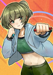 Rule 34 | 1girl, blue eyes, breasts, collarbone, controller, game controller, green eyes, green hair, green shirt, green shorts, grey jacket, groin, heterochromia, highres, holding, holding controller, idolmaster, idolmaster cinderella girls, jacket, joy-con, looking at viewer, mole, mole under eye, open mouth, oumi mizu, shirt, short hair, shorts, simple background, small breasts, smile, solo, sweat, takagaki kaede