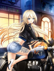 Rule 34 | 1girl, ass, blonde hair, blue eyes, breasts, bug, butterfly, denim, denim shorts, frown, gigamessy, hair between eyes, high heels, insect, jacket, large breasts, long hair, looking at viewer, low twintails, mole, mole under eye, motor vehicle, motorcycle, original, outdoors, pumps, shiny clothes, shiny skin, short shorts, shorts, sideboob, solo, tattoo, torn clothes, torn shorts, twintails, very long hair