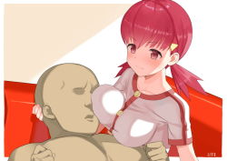 Rule 34 | 1boy, 1girl, bald, breast rest, breasts, clothed female nude male, collarbone, creatures (company), faceless, faceless male, game freak, hetero, large breasts, long hair, lying, nintendo, nude, oz ma33, pokemon, pokemon hgss, signature, smile, twintails, whitney (pokemon)