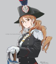 Rule 34 | 1girl, absurdres, aiguillette, alternate costume, breasts, brown eyes, brown hair, buckle, carabinieri, character name, commentary, epaulettes, fringe trim, grey background, hair between eyes, hands on hilt, hat, highres, kantai collection, littorio (kancolle), long hair, long sleeves, looking at viewer, military, military hat, military uniform, mitsusaka mitsumi, peaked cap, ponytail, sidelocks, smile, solo, strap, sword, uniform, wavy hair, weapon