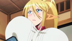 Rule 34 | 10s, 1girl, angry, animal ears, animated, animated gif, blonde hair, blue eyes, blush, breasts, centaur, centorea shianus, grabbing, grabbing another&#039;s breast, huge breasts, long hair, monster girl, monster musume no iru nichijou, ponytail, solo, taur