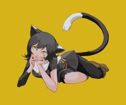 Rule 34 | 1girl, absurdres, animal ears, belt, black fur, black hair, body fur, boots, breasts, brown footwear, cat ears, cat girl, cat tail, closed mouth, dungeon meshi, fingernails, flexible, frown, grey nails, hands on own cheeks, hands on own face, head rest, highres, izutsumi, looking up, lying, n0 reii, on side, scarf, sharp fingernails, short hair, simple background, sleeveless, small breasts, solo, tail, tail raised, thinking, white scarf, yellow background, yellow eyes