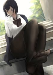 Rule 34 | 1girl, absurdres, black eyes, black hair, black pantyhose, blouse, collared shirt, feet, foot focus, highres, looking at viewer, no shoes, outdoors, panties, pantyhose, pantyshot, parted lips, pov, school uniform, shirt, sitting, soles, stairs, toes, underwear, white shirt