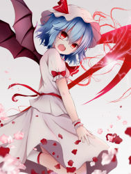Rule 34 | 1girl, bad id, bad pixiv id, blood, blood on face, blue hair, fangs, gradient background, grey background, hat, hat ribbon, injury, looking at viewer, mob cap, open mouth, petals, red eyes, remilia scarlet, ribbon, rose petals, short hair, short sleeves, simple background, skirt, skirt set, slit pupils, solo, spear the gungnir, tapuri (hurleyx), touhou, tube socks, wrist cuffs