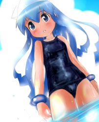 Rule 34 | 1girl, blue eyes, blue hair, blush, bracelet, breasts, dutch angle, flat chest, hat, ikamusume, jewelry, long hair, one-piece swimsuit, parted lips, school swimsuit, shinryaku! ikamusume, soaking feet, swimsuit, t2, tentacle hair, wading, water, wet, wet clothes