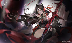 Rule 34 | 1girl, absurdres, arknights, arm warmers, belt, black dress, black footwear, black hair, boots, cape, closed mouth, commentary request, dagger, demon horns, dress, expressionless, feet out of frame, hand up, highres, holding, holding dagger, holding knife, holding weapon, horns, ines (arknights), knee guards, knife, long hair, sleeveless turtleneck dress, solo, squatting, sword, torn cape, torn clothes, ukulu, very long hair, weapon, yellow eyes