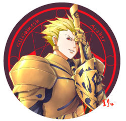 Rule 34 | 1boy, armor, blonde hair, character name, dewitri, ea (fate/stay night), earrings, fate/stay night, fate (series), gilgamesh (fate), jewelry, magic circle, male focus, red eyes, solo, weapon