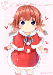 Rule 34 | 1girl, alternate costume, blue eyes, blush, braid, capelet, dress, etorofu (kancolle), gloves, hair ribbon, heart, kantai collection, looking at viewer, mittens, pink background, pom pom (clothes), red dress, red gloves, red hair, red legwear, ribbon, short hair, simple background, smile, solo, sou (soutennkouchi), sparkle, thick eyebrows, twin braids, twitter username