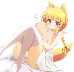 Rule 34 | 1girl, :&lt;, animal ears, bad id, bad pixiv id, blonde hair, blush, braid, frown, looking at viewer, hugging object, original, panties, pillow, pillow hug, revision, sitting, solo, tail, tears, thighhighs, underwear, violetshit, white panties, white thighhighs, wolf ears, wolf tail, yellow eyes