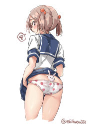 Rule 34 | 1girl, :3, = =, animal, animal in clothes, ass, between buttocks, blue sailor collar, blue skirt, blush, butt crack, closed mouth, clothes lift, cowboy shot, cropped legs, ebifurya, embarrassed, food print, from behind, frown, grey eyes, grey hair, hair bobbles, hair ornament, highres, kantai collection, lifted by self, looking at viewer, looking back, panties, pleated skirt, print panties, profile, rabbit, raised eyebrows, sailor collar, sazanami (kancolle), school uniform, serafuku, shirt, short hair, short sleeves, short twintails, sideways glance, simple background, skirt, skirt lift, sleeve cuffs, speech bubble, spoken squiggle, squiggle, standing, strawberry panties, strawberry print, thighs, twintails, twitter username, underwear, white background, white panties, white shirt