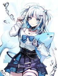 Rule 34 | 1girl, :3, ahoge, bandaid, bandaid on face, belt, belt buckle, black belt, black skirt, blue bow, blue eyes, blue hair, bow, buckle, claw pose, commentary, fingernails, fins, fish tail, gawr gura, hair bow, highres, hololive, hololive english, kasumi koujou, long fingernails, long hair, loose belt, multicolored hair, plaid, plaid bow, pleated skirt, shirt, skirt, solo, stuffed animal, stuffed shark, stuffed toy, tail, thigh strap, two-tone hair, two side up, virtual youtuber, white hair, white shirt