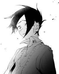 Rule 34 | 1boy, bandaged head, bandages, cardigan, constricted pupils, greyscale, hair over one eye, male focus, monochrome, neck tattoo, ni-si (nisi kun), number tattoo, ray (yakusoku no neverland), simple background, solo, spiked hair, tattoo, upper body, white background, yakusoku no neverland