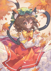 Rule 34 | 1girl, animal ear fluff, animal ears, autumn, autumn leaves, bow, bowtie, bright pupils, brown eyes, brown hair, cat ears, cat girl, cat tail, chen, closed mouth, dress, earrings, feet out of frame, green hat, hair between eyes, hat, jewelry, leaf, long sleeves, looking at viewer, maple leaf, medium hair, mob cap, multiple tails, nail polish, one eye closed, paw pose, petticoat, red dress, red nails, ribbon, sample watermark, shirt, single earring, smile, solo, split mouth, suelement, tail, touhou, two tails, watermark, white pupils, white shirt, yellow bow, yellow bowtie, yellow ribbon