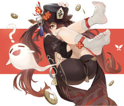 Rule 34 | 1girl, absurdres, artist request, ass, blush, brown hair, chinese clothes, fang, genshin impact, ghost, grin, hat, highres, hu tao (genshin impact), hugging own legs, legs, legs up, long hair, looking at viewer, red eyes, short shorts, shorts, smile, socks, solo, symbol-shaped pupils, twintails, very long hair
