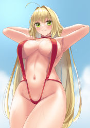 Rule 34 | 1girl, areola slip, arms behind head, arms up, blonde hair, blush, breasts, fate (series), from below, gachou, green eyes, highres, large breasts, long hair, looking at viewer, looking down, navel, nero claudius (fate), nero claudius (fate) (all), nero claudius (fate/extra), nero claudius (swimsuit caster) (fate), revealing clothes, slingshot swimsuit, smile, solo, swimsuit