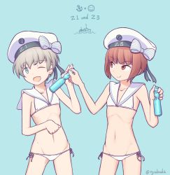 Rule 34 | 10s, 2girls, bikini, blue eyes, blush, breasts, groin, hat, highres, kantai collection, multiple girls, nakaaki masashi, navel, red eyes, red hair, small breasts, smile, swimsuit, white hair, z1 leberecht maass (kancolle), z3 max schultz (kancolle)