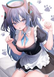 Rule 34 | 1girl, alternate costume, animal ears, apron, black dress, blue archive, blush, breasts, cat ears, cleavage, cowboy shot, detached collar, dress, enmaided, frilled apron, frills, hair between eyes, halo, highres, large breasts, long hair, looking at viewer, maid, maid apron, maid headdress, mechanical halo, open mouth, puffy short sleeves, puffy sleeves, purple eyes, purple hair, short sleeves, solo, touyou (39kir), two side up, white apron, yuuka (blue archive)