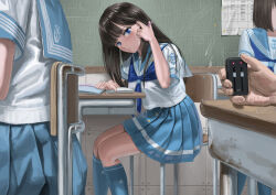 Rule 34 | 1girl, black hair, blue eyes, classroom, desk, itou tatsuya, original, school uniform, sex toy, sitting, vibrator, vibrator under clothes