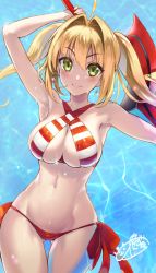 Rule 34 | 10s, 1girl, ahoge, armpits, bare arms, bare legs, bare shoulders, bikini, blonde hair, blush, breasts, cleavage, closed mouth, collarbone, commentary request, cowboy shot, eyelashes, fate/extra, fate/grand order, fate (series), fingernails, green eyes, groin, hair between eyes, hair intakes, halterneck, hand up, highres, holding, holding weapon, jewelry, large breasts, legs together, light rays, long hair, looking at viewer, nail polish, navel, nero claudius (fate), nero claudius (fate) (all), nero claudius (swimsuit caster) (fate), ookuma nekosuke, outdoors, side-tie bikini bottom, sidelocks, skindentation, smile, solo, stomach, striped bikini, striped clothes, swimsuit, sword, twintails, umbrella, underboob, v-shaped eyebrows, water, water drop, weapon
