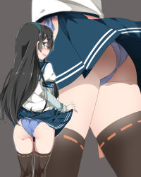 Rule 34 | 10s, 1girl, aqua eyes, ass, black hair, black thighhighs, blue panties, blush, brown background, closed mouth, clothes lift, flat ass, from behind, hair between eyes, hairband, highres, hip vent, kantai collection, lifting own clothes, long hair, looking at viewer, miniskirt, mtu (orewamuzituda), multiple views, ooyodo (kancolle), open mouth, panties, pleated skirt, profile, sailor collar, school uniform, serafuku, shiny clothes, shiny skin, side-tie panties, simple background, skirt, skirt lift, thighhighs, thighs, underwear