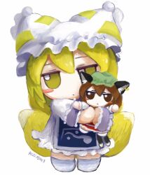 Rule 34 | 2girls, :&lt;, animal ears, annoyed, blonde hair, blush stickers, brown eyes, brown hair, chen, chibi, commentary, fox ears, fox tail, full body, fumo (doll), hat, highres, holding, mob cap, multiple girls, multiple tails, nekomata, simple background, size difference, standing, symbol-only commentary, tail, touhou, two tails, white background, yakumo ran, yakumora n, yellow eyes