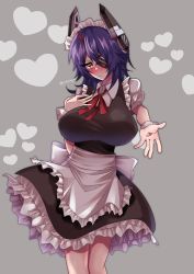 Rule 34 | 1girl, absurdres, alternate costume, blush, breasts, eyebrows, gloves, hand on own chest, headgear, heart, heart background, highres, kantai collection, large breasts, maid, maid headdress, medium hair, one-eyed, outstretched hand, purple hair, tenryuu (kancolle), twitter username, white gloves, wrist cuffs, yellow eyes, yuudadou