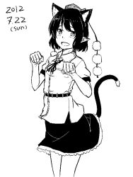 Rule 34 | 1girl, animal ears, blush, cat ears, cat tail, dated, greyscale, kawashina (momen silicon), kemonomimi mode, looking at viewer, monochrome, open mouth, paw pose, shameimaru aya, short hair, simple background, skirt, smile, solo, tail, touhou, white background