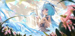 Rule 34 | 1girl, absurdres, ahoge, beret, blue butterfly, blue hair, bug, butterfly, dress, flower, go satoshi ko, grass, griseo, griseo (starry impression), hat, highres, holding, holding brush, honkai (series), honkai impact 3rd, insect, long hair, looking at viewer, open mouth, pink flower, purple eyes, sleeveless, sleeveless dress, solo, twintails, white dress