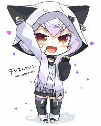 Rule 34 | 1girl, :d, animal ears, animal hood, arm up, azuma lim, azuma lim channel, bad id, bad pixiv id, black skirt, black thighhighs, brown eyes, cat ears, cat hood, chibi, ear piercing, hair between eyes, heart, hood, hood up, hoodie, long hair, long sleeves, looking at viewer, open mouth, outstretched arm, piercing, pleated skirt, puffy long sleeves, puffy sleeves, signature, silver hair, skirt, sleeves past wrists, smile, solo, tanyatonya, thighhighs, toeless legwear, translation request, v-shaped eyebrows, very long hair, virtual youtuber, white background, white hoodie