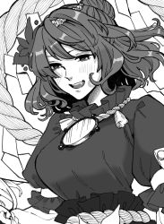 Rule 34 | 1girl, :d, blush, breasts, greyscale, highres, jewelry, large breasts, looking at viewer, mirror, monochrome, open mouth, rope, shimenawa, short hair, short sleeves, smile, solo, teeth, touhou, upper body, upper teeth only, whoru, yasaka kanako