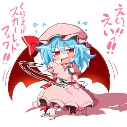Rule 34 | blue hair, blush, dress, embarrassed, fang, hat, highres, open mouth, red eyes, remilia scarlet, rindou (p41neko), short hair, touhou, translation request, vampire, wings, wristband