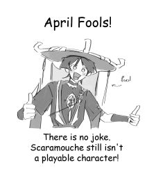 Rule 34 | 1boy, april fools, black hair, english text, genshin impact, greyscale, hat, highres, japanese clothes, male focus, monochrome, open mouth, scaramouche (genshin impact), short hair, simple background, smile, solo, thumbs up, tragedtea, white background