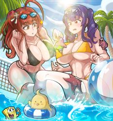 Rule 34 | 2girls, absurdres, ahoge, ass, aviator sunglasses, azur lane, ball, beachball, bikini, black bikini, blue eyes, blue hair, breasts, cleavage, commentary, crossover, english commentary, eyewear on head, goggles, goggles on head, highres, janusjan, large breasts, long hair, looking at another, manjuu (azur lane), multiple girls, official alternate costume, open mouth, palm tree, patrick star, pola (azur lane), pola (seaside coincidence) (azur lane), red eyes, red hair, spongebob squarepants, spongebob squarepants (series), starfish, sunglasses, swimsuit, thighhighs, tree, twintails, volleyball net, waving, white legwear, yellow bikini, zara (azur lane), zara (poolside coincidence) (azur lane)