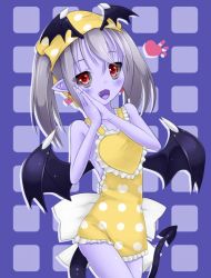 Rule 34 | 1girl, :d, apron, artist request, bare shoulders, black sclera, colored sclera, colored skin, cowboy shot, demon girl, demon tail, demon wings, devil (monster girl encyclopedia), earrings, fang, head scarf, head wings, heart, heart apron, heart earrings, jewelry, long hair, looking at viewer, monster girl encyclopedia, monster girl encyclopedia ii, open mouth, own hands together, pointy ears, purple skin, red eyes, silver hair, smile, solo, tail, twintails, whether, wings