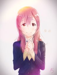 Rule 34 | 1girl, :d, absurdres, acrylicstroke, artist name, black jacket, blush, brown eyes, brown hair, cardigan, closed mouth, collared shirt, commentary, highres, jacket, koe no katachi, long hair, long sleeves, looking at viewer, nishimiya shouko, open mouth, own hands together, pink hair, redrawn, school uniform, shirt, signature, smile, solo, translated, upper body, wing collar