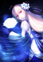 Rule 34 | 1girl, antenna hair, archetype earth, arcueid brunestud, bare shoulders, blonde hair, blue gloves, commentary request, dress, fate/grand order, fate (series), flower, from behind, gloves, hair between eyes, hair flower, hair ornament, highres, long hair, looking at viewer, lying, parted lips, partially submerged, red eyes, single hair intake, solo, tayuta (avsytw4jguvya8p), tsukihime, tsukihime (remake), very long hair, white dress, white flower