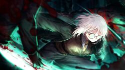 Rule 34 | 1girl, 2others, black-framed eyewear, black pants, blood, blood splatter, blurry, blurry background, blurry foreground, breasts, brown vest, collared shirt, faust (project moon), game cg, glasses, green jacket, highres, jacket, large breasts, limbus company, medium hair, multiple others, nai ga, necktie, official art, pants, project moon, round eyewear, shirt, slashing, vest, white hair, white shirt, wing collar, yellow necktie
