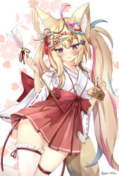 Rule 34 | 1girl, absurdres, ahoge, alternate costume, animal ears, arrow (projectile), bare shoulders, blonde hair, blush, closed mouth, clothing cutout, commentary request, ebiko yaki, ema, fox ears, fox girl, fox tail, frilled thighhighs, frills, hair ornament, hairclip, hakama, hakama short skirt, hakama skirt, hamaya, highres, hololive, japanese clothes, kosode, long hair, looking at viewer, multicolored hair, nontraditional miko, official alternate hair length, official alternate hairstyle, omaru polka, pink hair, shoulder cutout, side ponytail, single thighhigh, skirt, smile, solo, streaked hair, tail, thighhighs, virtual youtuber, white sleeves, white thighhighs