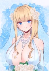 Rule 34 | 1girl, blonde hair, blue eyes, bouquet, breasts, bridal veil, chami (charming621), cleavage, dolphin wave, dress, earrings, elbow gloves, flower, gloves, hair flower, hair ornament, halter dress, halterneck, highres, holding, holding bouquet, holding flower, huge breasts, jewelry, kirahoshi kanna, long hair, looking at viewer, necklace, rose, smile, solo, upper body, veil, wedding dress