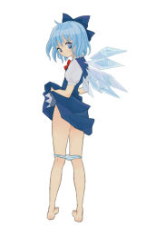 Rule 34 | 1girl, ass, bad id, bad pixiv id, barefoot, blue eyes, blue hair, bow, cirno, clothes lift, dress, dress lift, embodiment of scarlet devil, female focus, fu (mushibun), fu (pixiv), hair bow, looking back, matching hair/eyes, panties, panty pull, short hair, solo, striped clothes, striped panties, touhou, underwear, wings