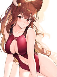 Rule 34 | 1girl, anthuria, bad id, bad pixiv id, blush, breasts, brown hair, commentary request, competition swimsuit, erune, granblue fantasy, highres, koretsuki azuma, long hair, looking at viewer, medium breasts, navel, one-piece swimsuit, red eyes, red one-piece swimsuit, smile, solo, swimsuit, thighs