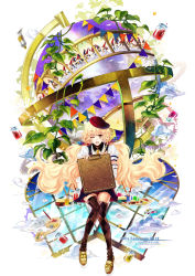 Rule 34 | 1girl, beret, blonde hair, blush, brown eyes, detached sleeves, globe, hat, highres, long hair, looking at viewer, one eye closed, open mouth, original, paint, painting (action), palette (object), plant, sitting, skirt, smile, solo, stells, thighhighs, very long hair, vines, wavy hair, wink
