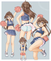 Rule 34 | 1girl, :d, ahoge, amemiya sekira, ankle socks, arm up, ass, bare arms, bare shoulders, black legwear, blouse, blue shirt, blue skirt, blush, brown hair, cheerleader, collarbone, commentary request, crop top, dotted line, frilled panties, frills, glasses, green-framed eyewear, grey background, hands on own hips, heavy breathing, highres, holding, looking at viewer, midriff, multiple views, navel, open mouth, original, panties, pleated skirt, pom pom (clothes), print shirt, purple eyes, sekira ame, semi-rimless eyewear, shirt, shoes, skirt, sleeveless, sleeveless shirt, smile, socks, standing, standing on one leg, star (symbol), star print, two-tone background, two side up, under-rim eyewear, underwear, white background, white footwear, white panties