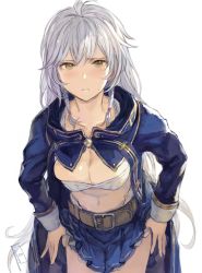 Rule 34 | 1girl, ahoge, belt, belt buckle, braid, breasts, buckle, cleavage, commentary request, cowboy shot, crop top, frilled skirt, frills, granblue fantasy, highres, jacket, long hair, long sleeves, looking at viewer, medium breasts, midriff, open clothes, open jacket, panties, panty pull, pleated skirt, pulling own clothes, sabanobori, silva (granblue fantasy), silver hair, simple background, skirt, solo, sweatdrop, underwear, white background, white panties, yellow eyes