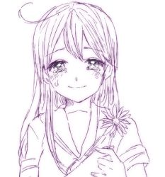 Rule 34 | 10s, 1girl, ahoge, crying, crying with eyes open, flower, hair between eyes, hair over shoulder, holding, holding flower, kantai collection, katou (fieskiri), long hair, looking at viewer, lowres, monochrome, own hands together, school uniform, serafuku, short sleeves, simple background, smile, solo, straight hair, tears, ushio (kancolle), white background