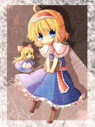 Rule 34 | 1girl, ahoge, alice margatroid, alice margatroid (pc-98), blonde hair, blue eyes, blush, book, boots, bow, capelet, chibi, cross-laced footwear, doll, female focus, grimoire, grimoire of alice, hair bow, hair ornament, lace-up boots, long hair, mystic square, o o, sash, shanghai doll, short hair, solo, string, touhou, touhou (pc-98), yuya (night lily)