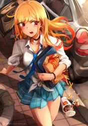 Rule 34 | 2girls, bead bracelet, beads, blonde hair, bracelet, breasts, car, choker, collarbone, collared shirt, commentary, dress shirt, earrings, english commentary, floating hair, food, french fries, gun, highres, holding, holding gun, holding weapon, jewelry, khyle., kitagawa marin, lower teeth only, mcdonald&#039;s, miniskirt, motor vehicle, multiple girls, necktie, open mouth, patreon logo, patreon username, plaid, plaid skirt, pleated skirt, red eyes, school uniform, shirt, skirt, solo focus, sono bisque doll wa koi wo suru, teeth, thighs, tied shirt, v-shaped eyebrows, watermark, weapon, web address, when you see it, white shirt