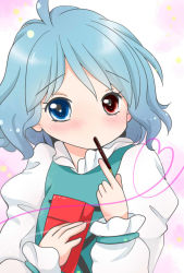 Rule 34 | 1girl, ahoge, blue eyes, blue hair, blush, commentary request, eyebrows, food, heart, heart of string, heterochromia, looking at viewer, matching hair/eyes, no nose, pocky, pocky day, red eyes, short hair, solo, tatara kogasa, touhou, yuzuna99