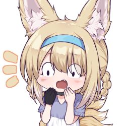 1girl animal_ear_fluff animal_ears arknights black_gloves blonde_hair blue_hairband blue_shirt braid braided_hair_rings commentary commentary_request english_commentary fox_ears fox_girl gloves hair_rings hairband hands_up infection_monitor_(arknights) kitsune korean_commentary kyuubi lee_mae_hyang looking_down lowres mixed-language_commentary multiple_tails notice_lines open_mouth shirt short_hair sidelocks simple_background single_glove skirt solo suzuran_(arknights) tail upper_body white_background white_skirt